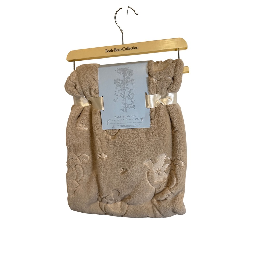 Disney Winnie the Pooh Bear Collection Tan Embossed Baby Blanket 30x40 Plush NEW